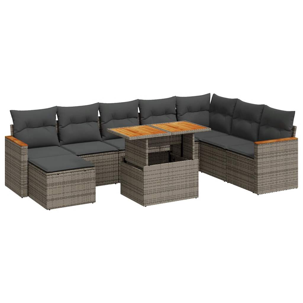 9-delige Loungeset met kussens poly rattan acacia grijs