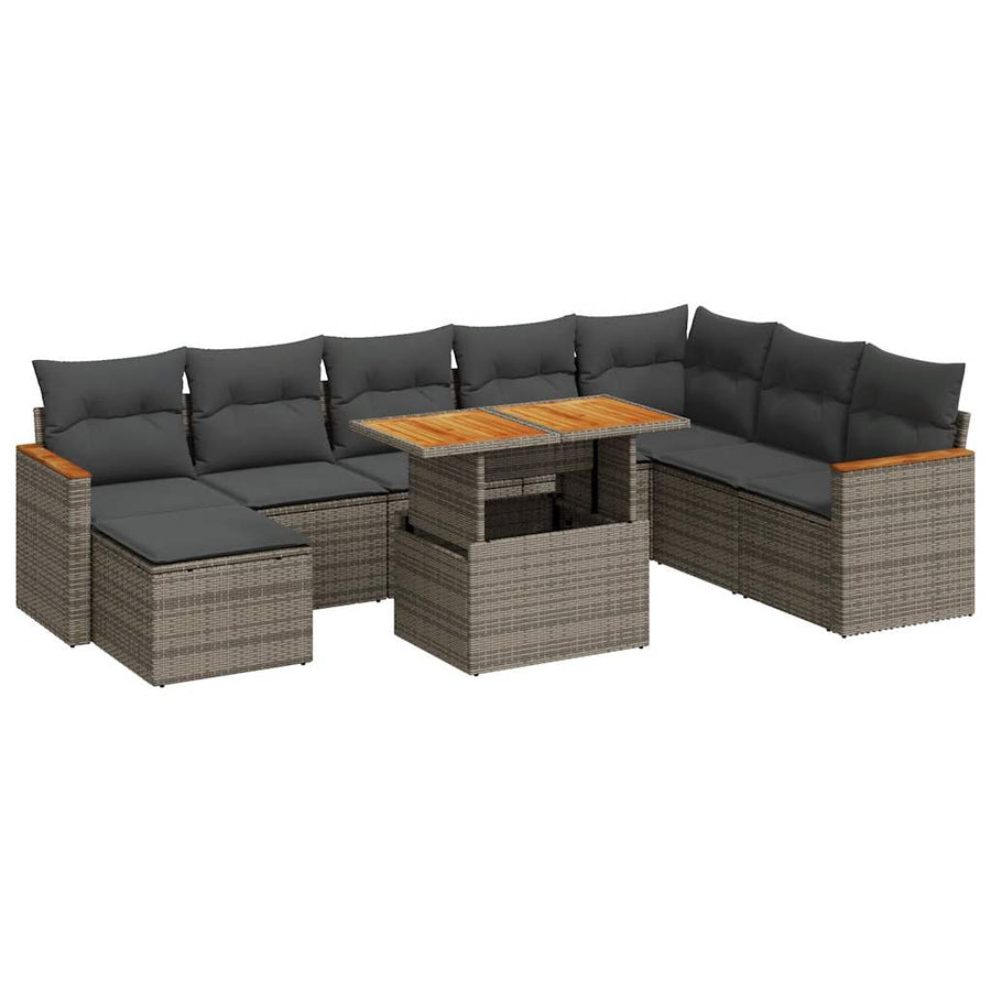 9-delige Loungeset met kussens poly rattan acacia grijs