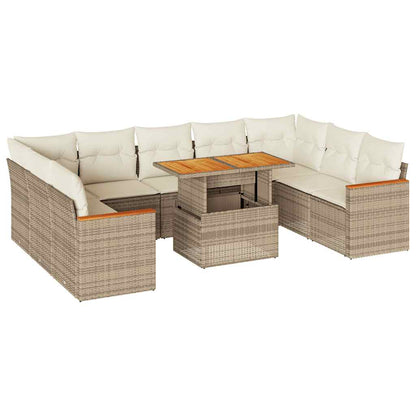 10-delige Loungeset met kussens poly rattan acacia beige