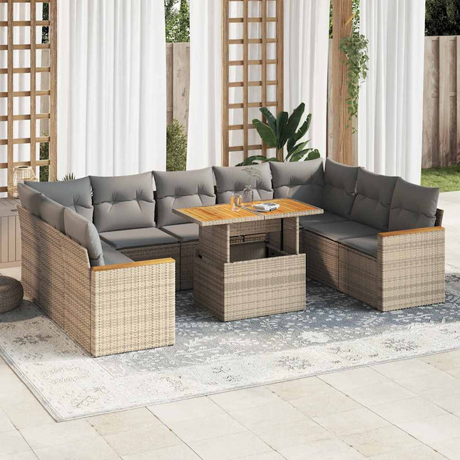 10-delige Loungeset met kussens poly rattan acacia beige