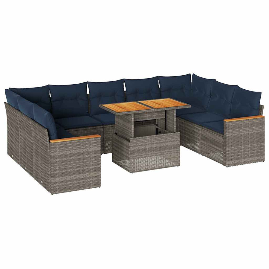 10-delige Loungeset met kussens poly rattan grijs