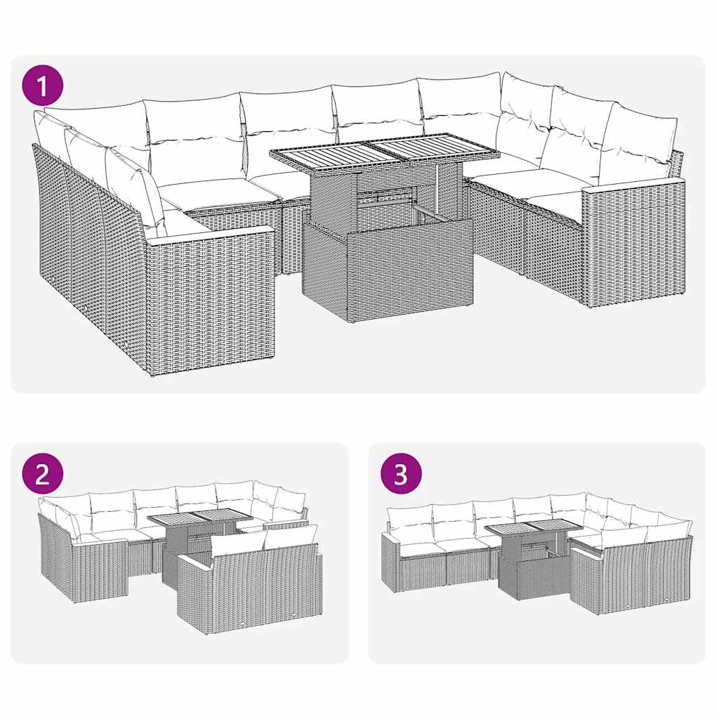 10-delige Loungeset met kussens poly rattan grijs
