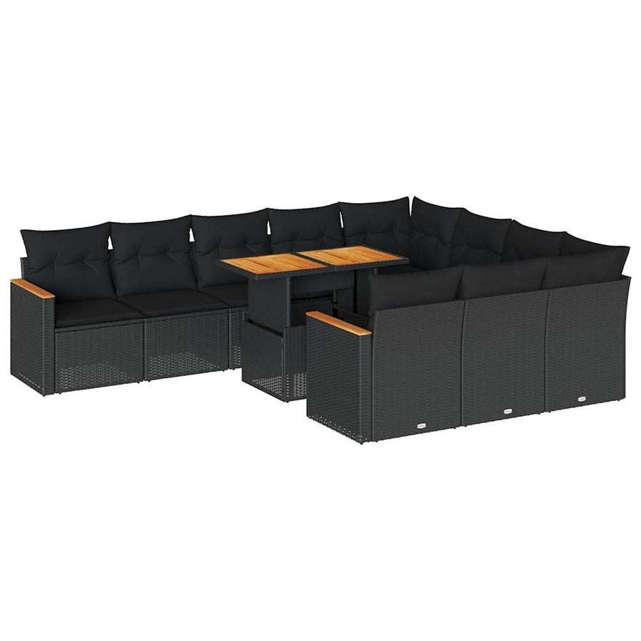 11-delige Loungeset met kussens poly rattan acacia zwart