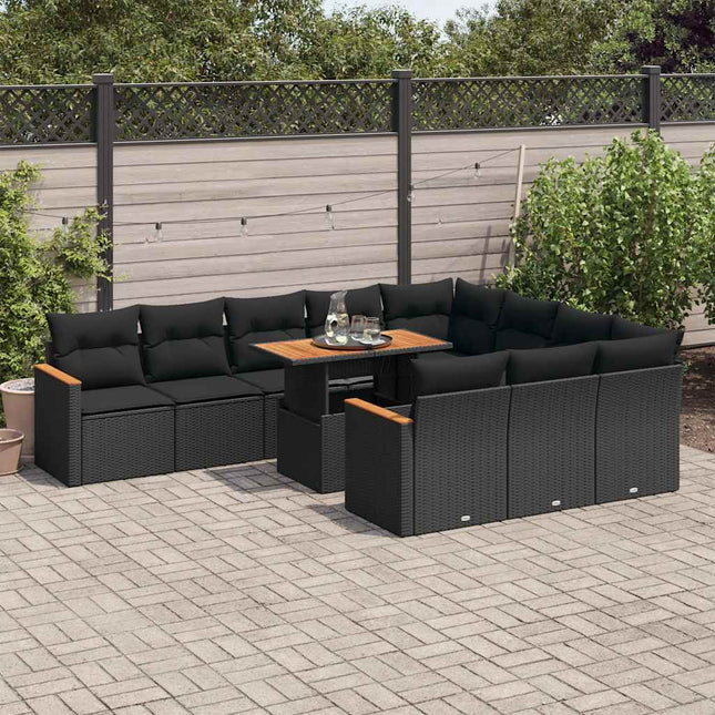 11-delige Loungeset met kussens poly rattan acacia zwart