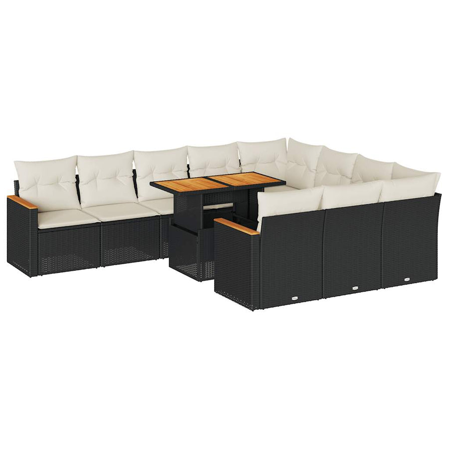 11-delige Loungeset met kussens poly rattan acacia zwart