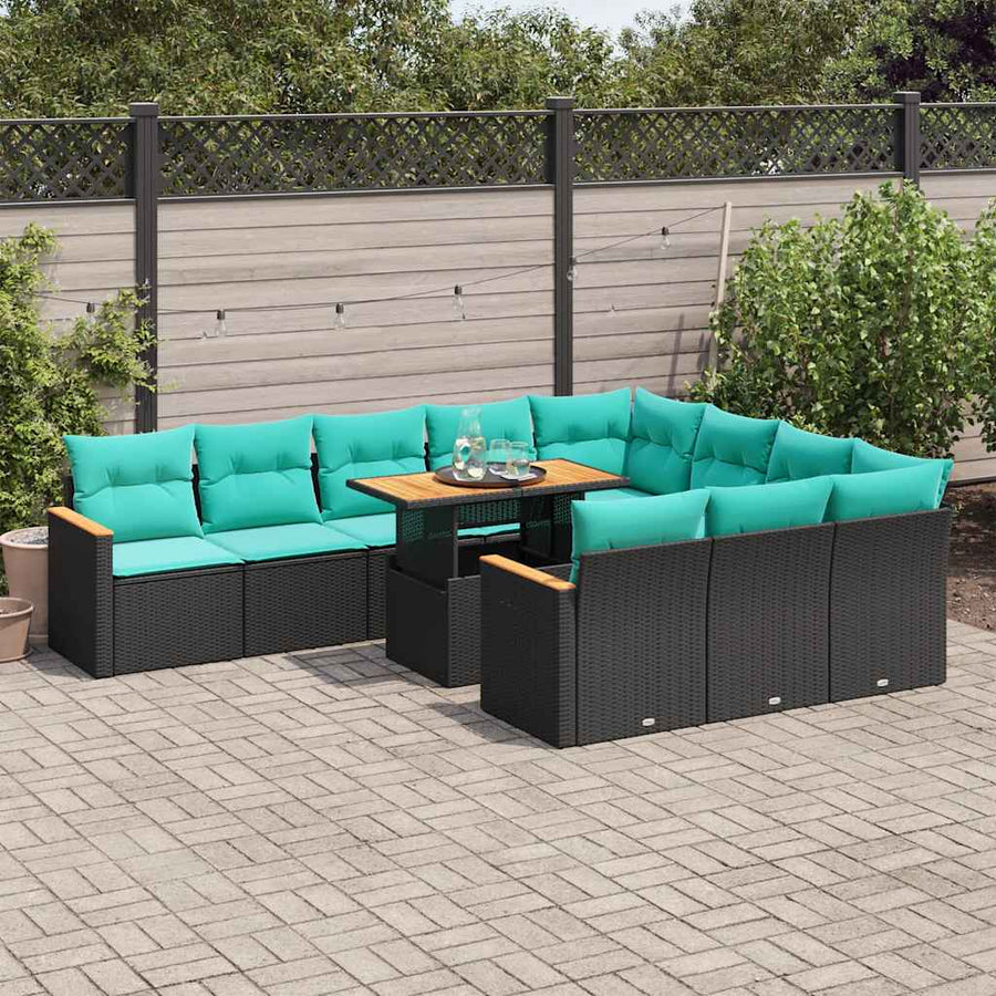 11-delige Loungeset met kussens poly rattan zwart