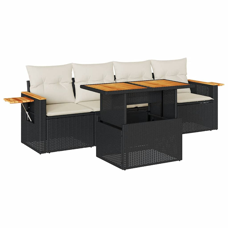5-delige Loungeset met kussens poly rattan acacia zwart