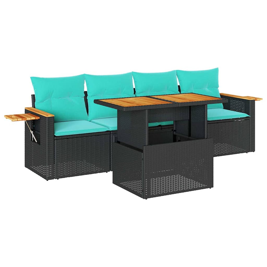 5-delige Loungeset met kussens poly rattan zwart