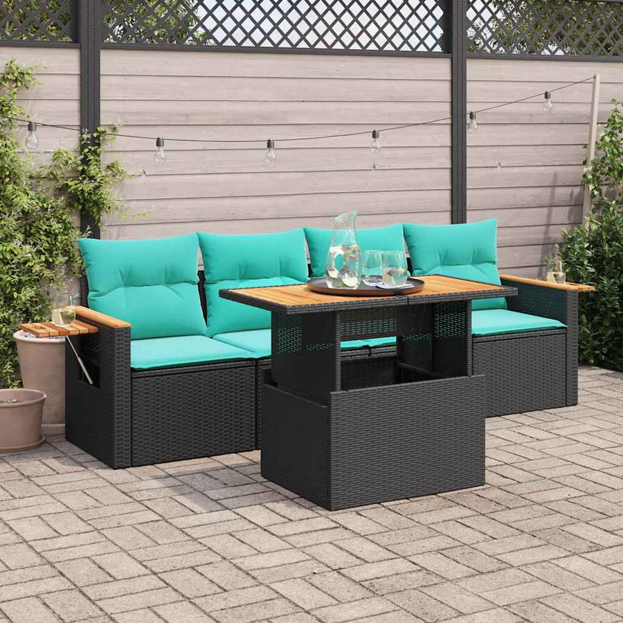 5-delige Loungeset met kussens poly rattan zwart