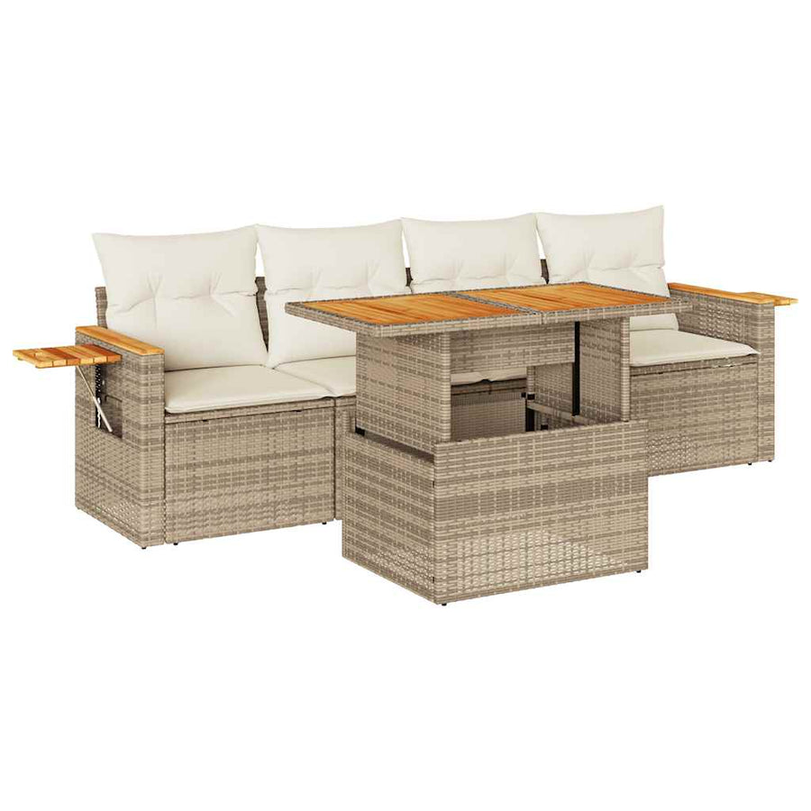 5-delige Loungeset met kussens poly rattan en acaciahout beige