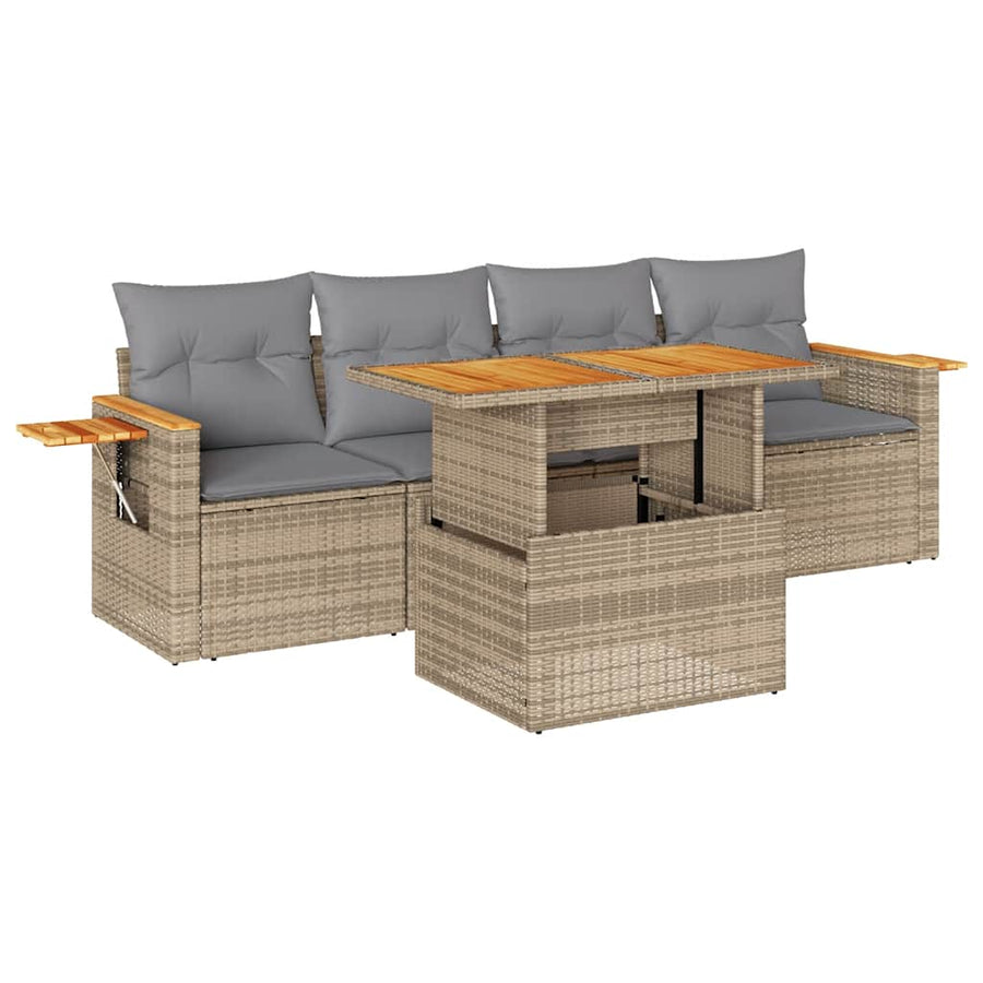 5-delige Loungeset met kussens poly rattan en acaciahout beige