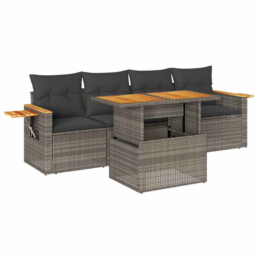 5-delige Loungeset met kussens poly rattan acacia grijs