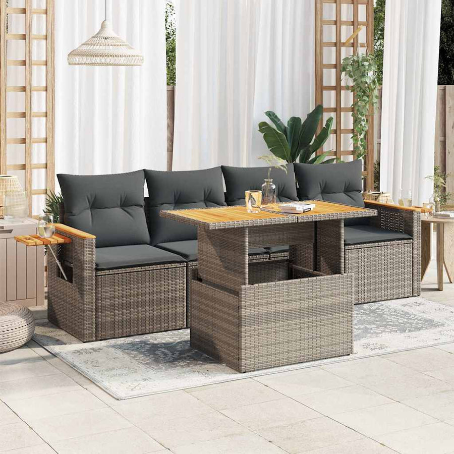 5-delige Loungeset met kussens poly rattan acacia grijs