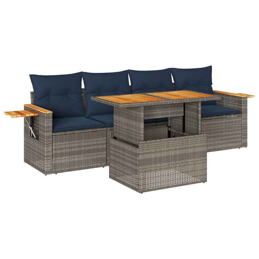 5-delige Loungeset met kussens poly rattan grijs