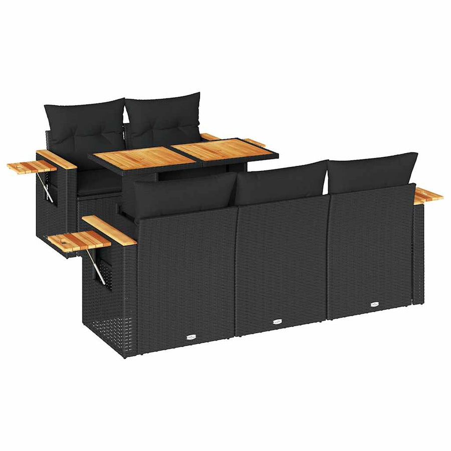 6-delige Loungeset met kussens poly rattan acacia zwart