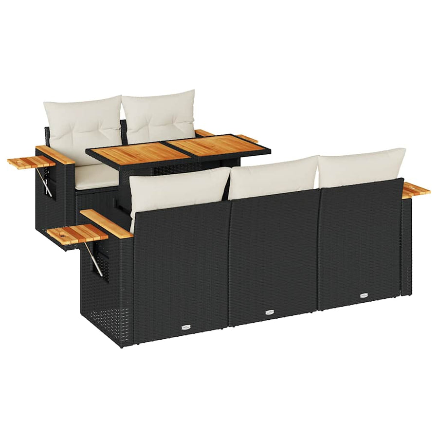 6-delige Loungeset met kussens poly rattan acacia zwart