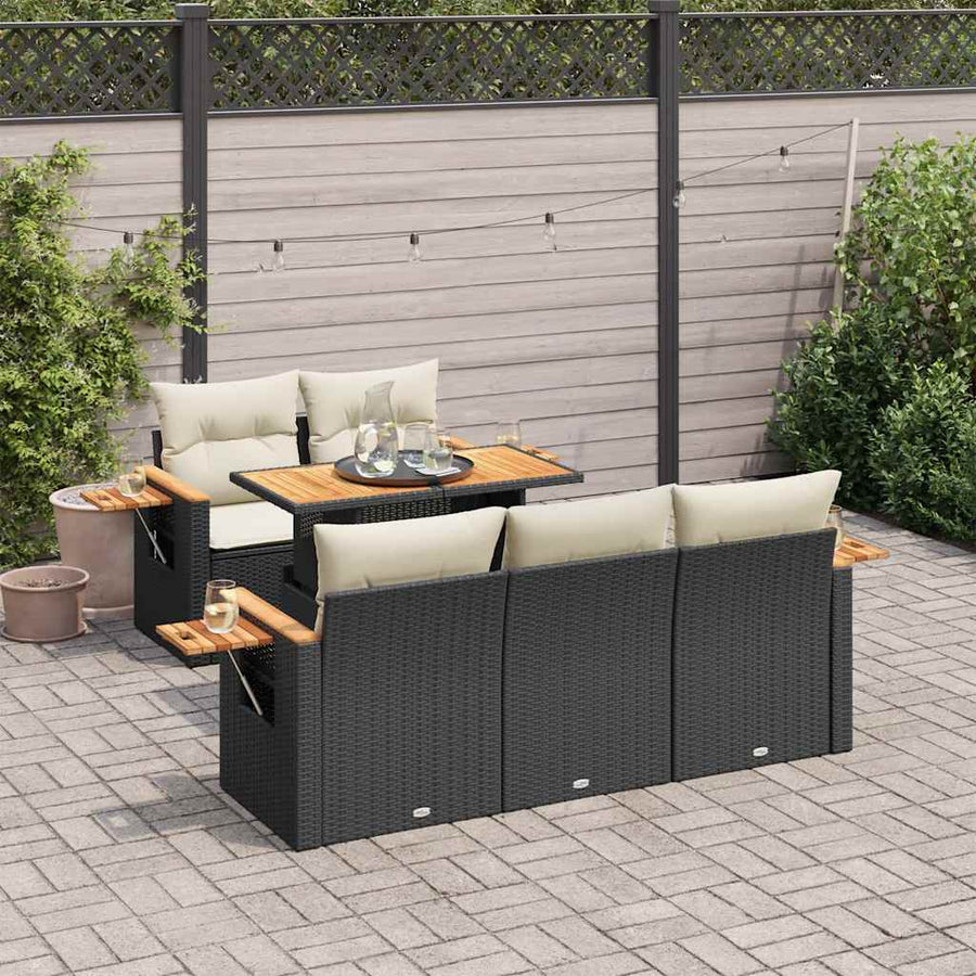 6-delige Loungeset met kussens poly rattan acacia zwart