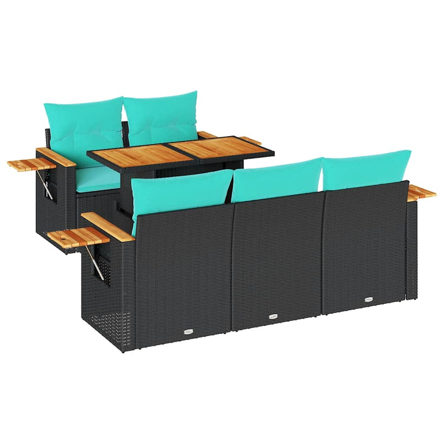 6-delige Loungeset met kussens poly rattan zwart