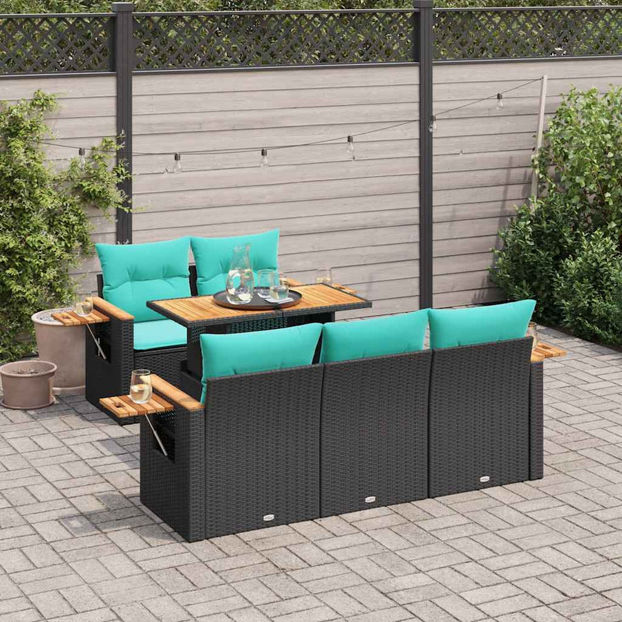 6-delige Loungeset met kussens poly rattan zwart