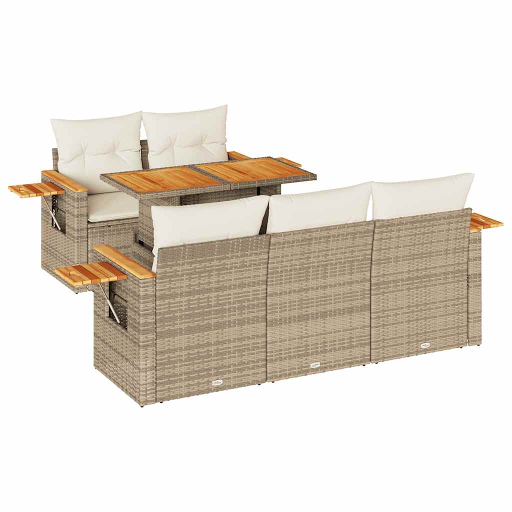 6-delige Loungeset met kussens poly rattan acacia beige