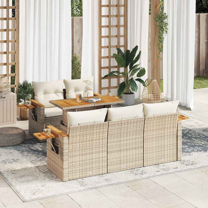 6-delige Loungeset met kussens poly rattan acacia beige