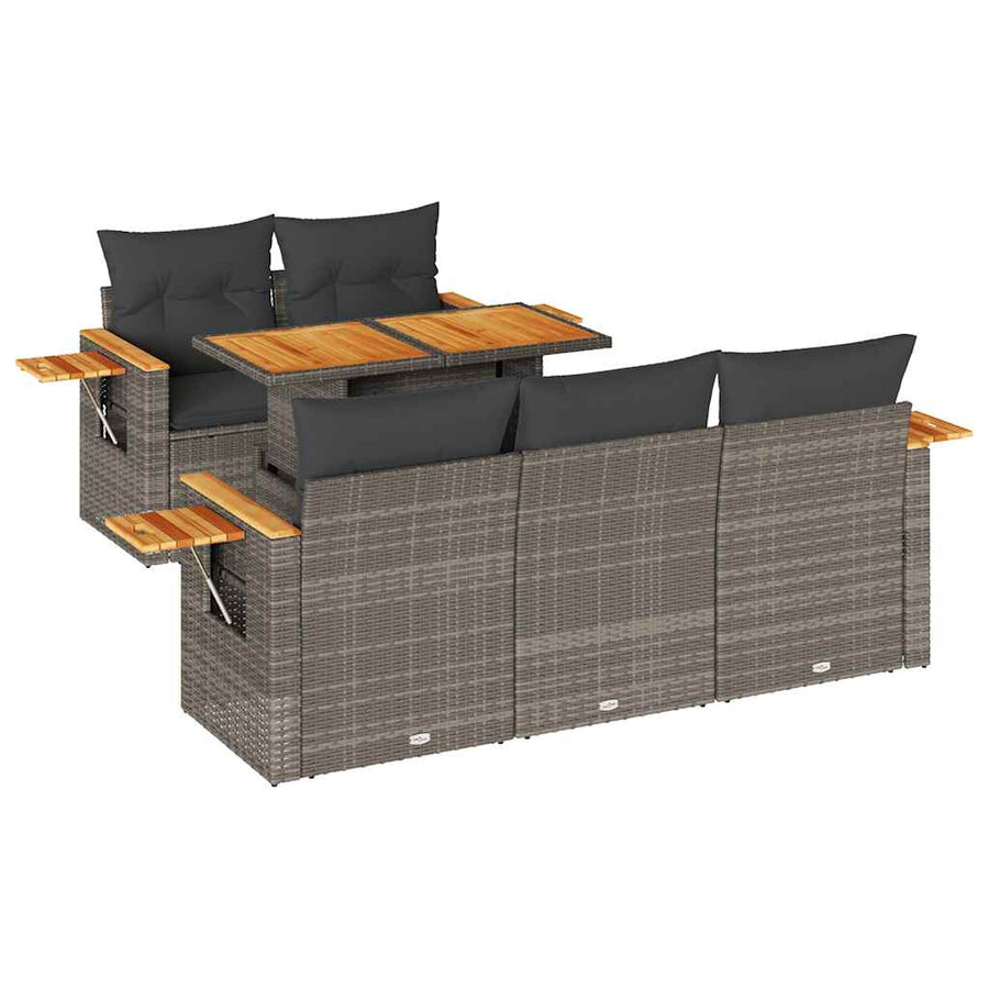 6-delige Loungeset met kussens poly rattan acacia grijs