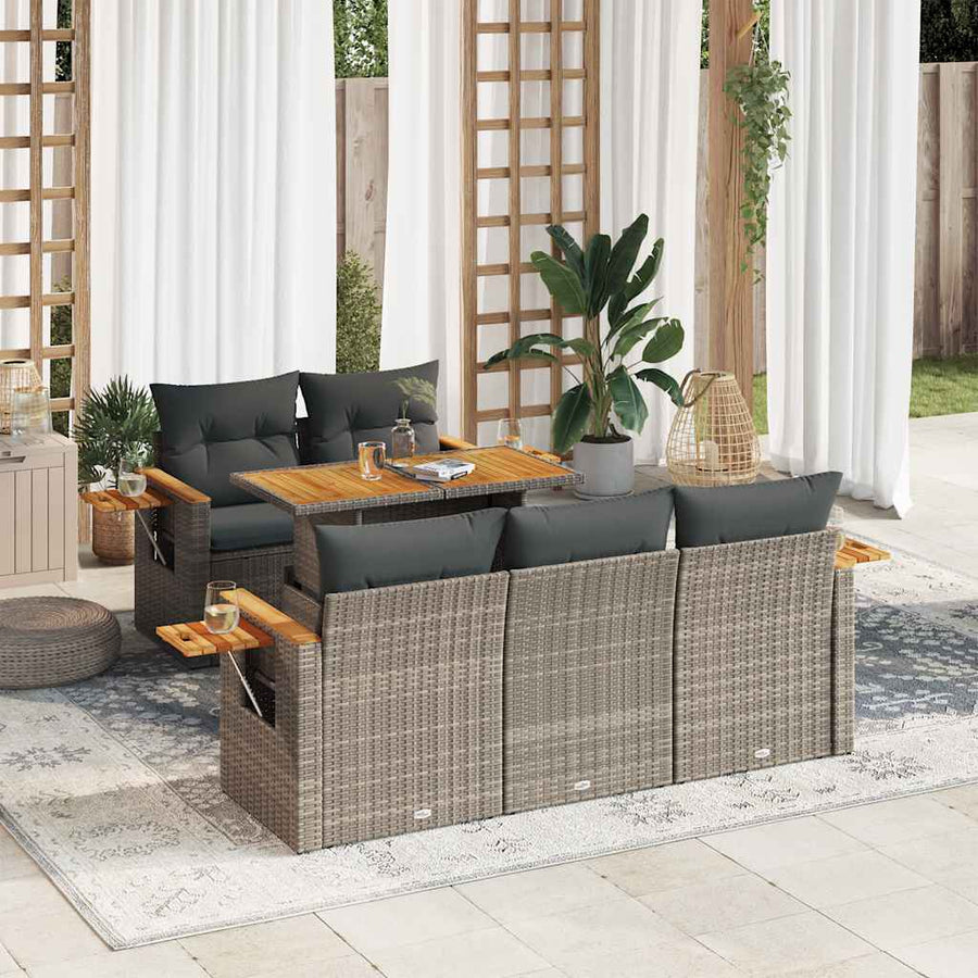 6-delige Loungeset met kussens poly rattan acacia grijs