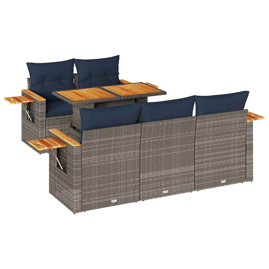 6-delige Loungeset met kussens poly rattan grijs