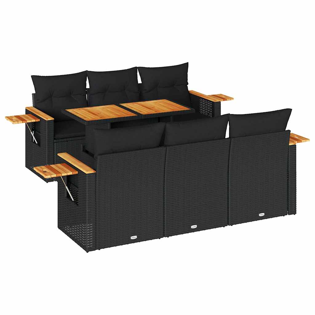 7-delige Loungeset met kussens poly rattan acacia zwart