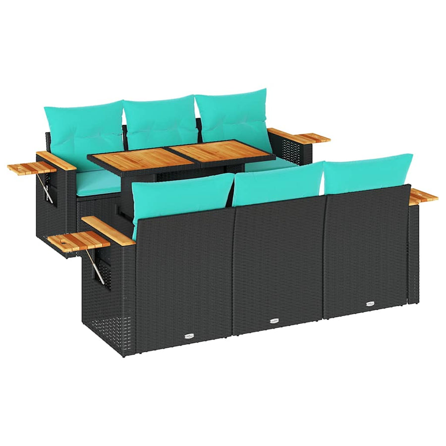 7-delige Loungeset met kussens poly rattan zwart