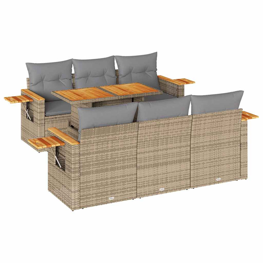 7-delige Loungeset met kussens poly rattan acacia beige