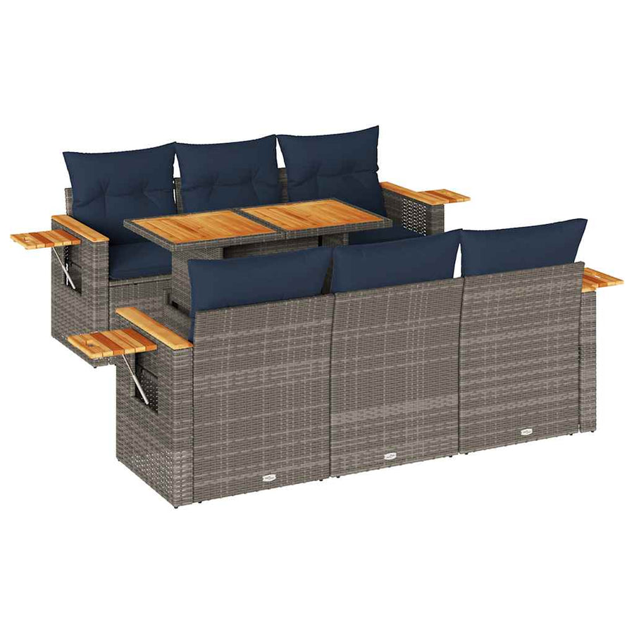 7-delige Loungeset met kussens poly rattan grijs