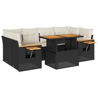 7-delige Loungeset met kussens poly rattan acacia zwart