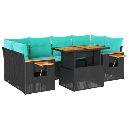 7-delige Loungeset met kussens poly rattan zwart