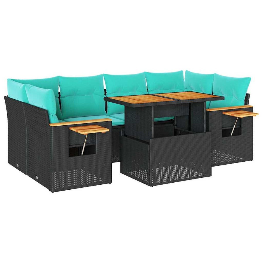 7-delige Loungeset met kussens poly rattan zwart