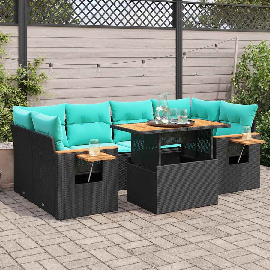 7-delige Loungeset met kussens poly rattan zwart