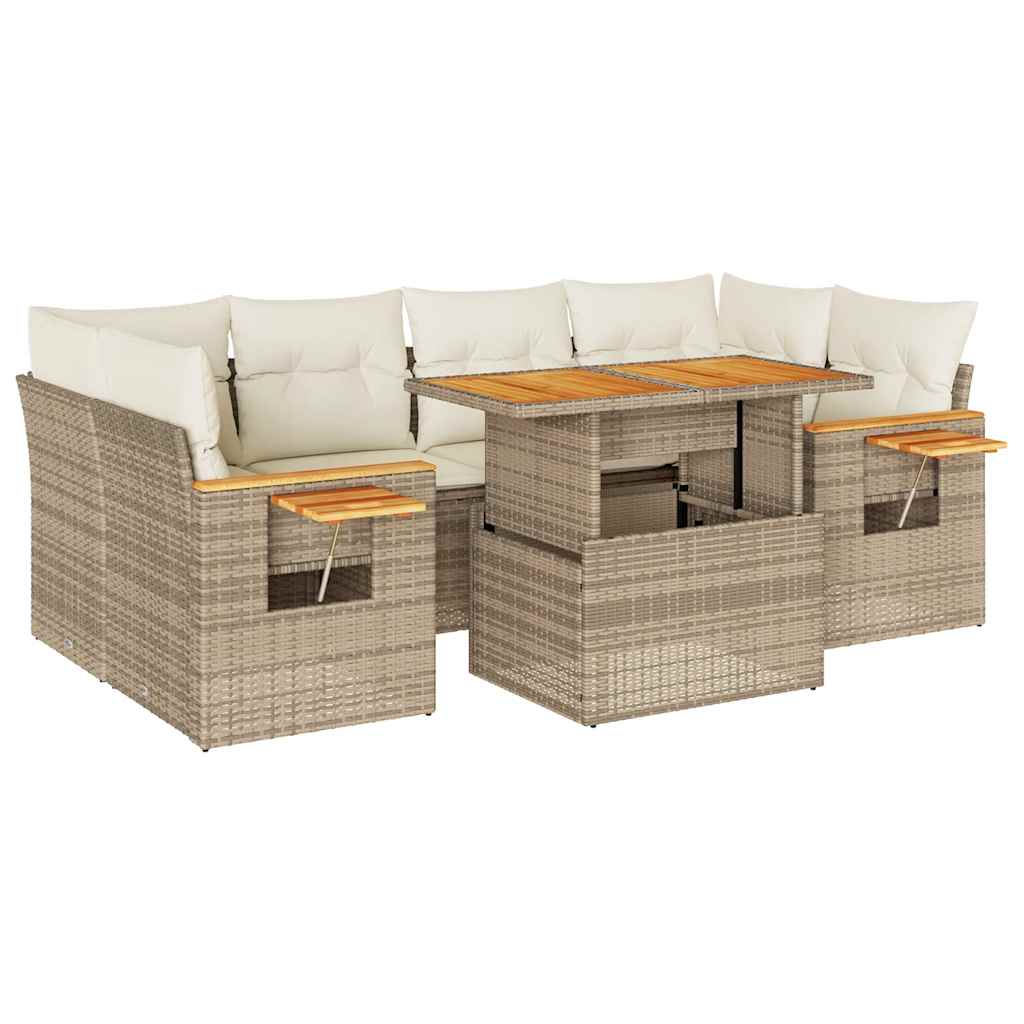 7-delige Loungeset met kussens poly rattan acacia beige