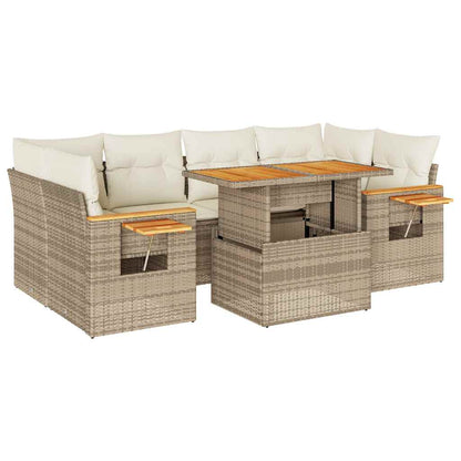 7-delige Loungeset met kussens poly rattan acacia beige