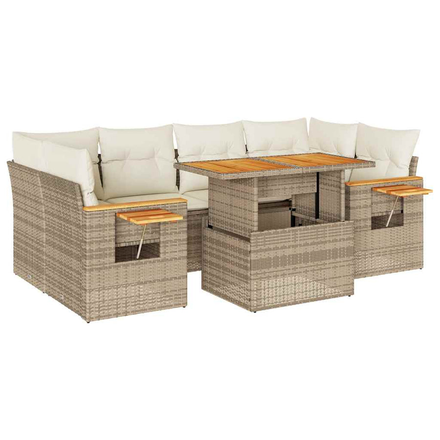 7-delige Loungeset met kussens poly rattan acacia beige