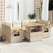 7-piece Lounge Set with cushions poly rattan acacia beige