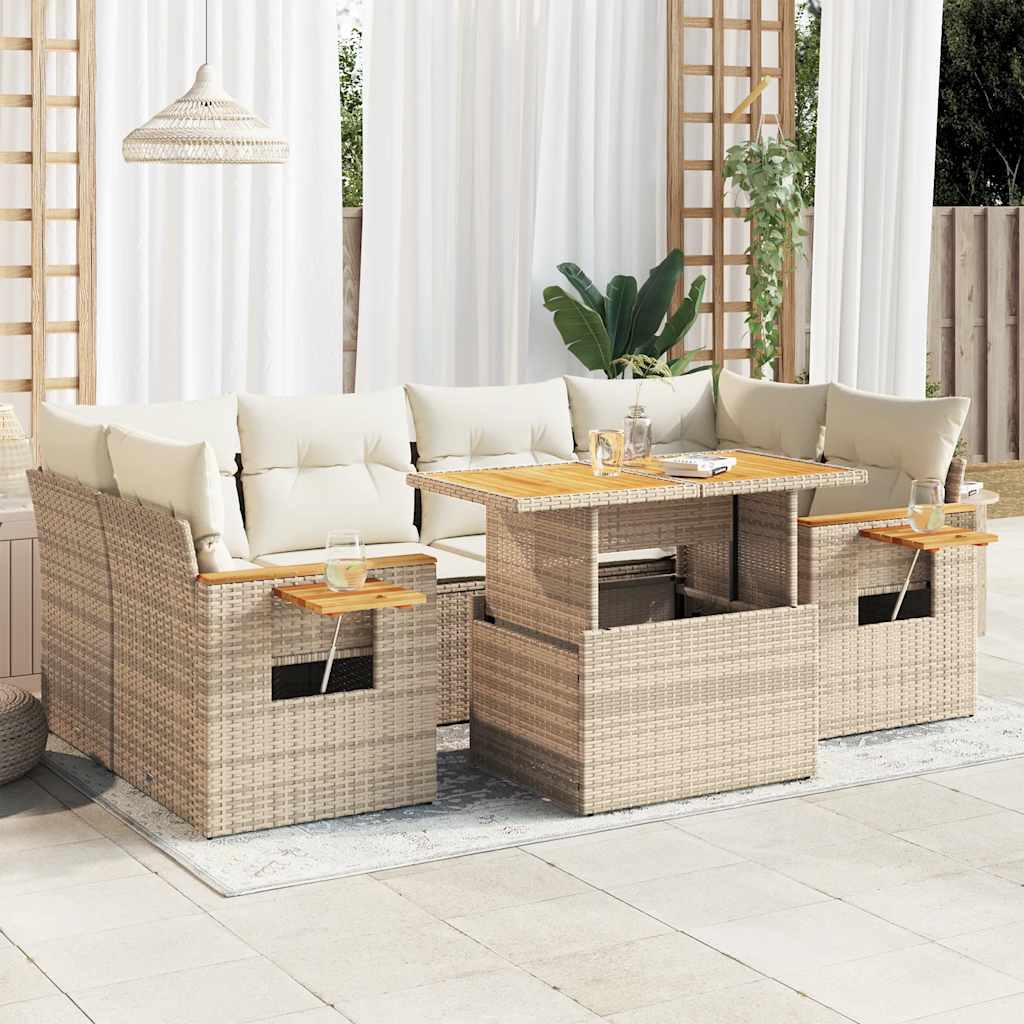 7-delige Loungeset met kussens poly rattan acacia beige