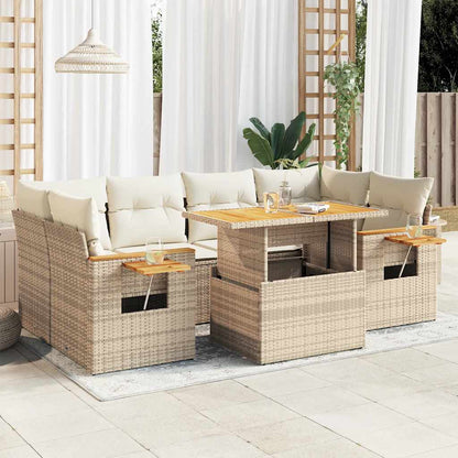 7-delige Loungeset met kussens poly rattan acacia beige