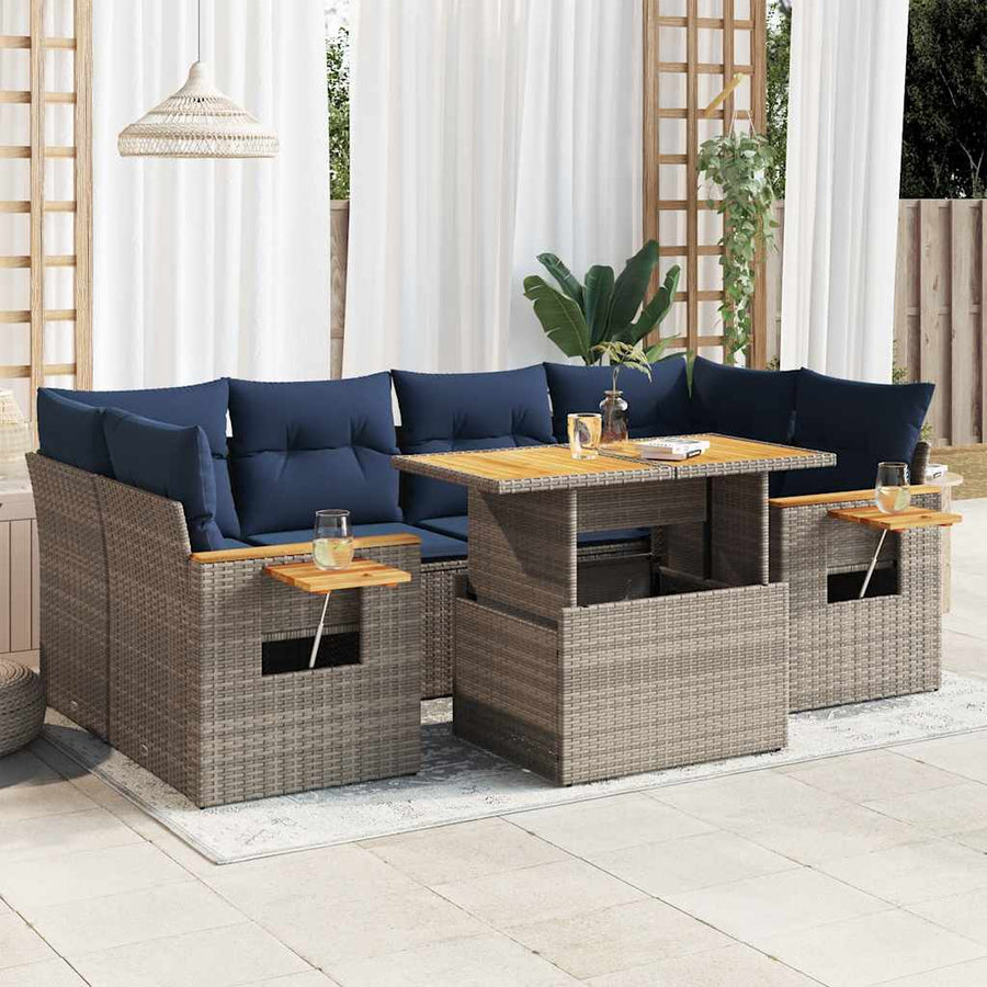 7-delige Loungeset met kussens poly rattan grijs
