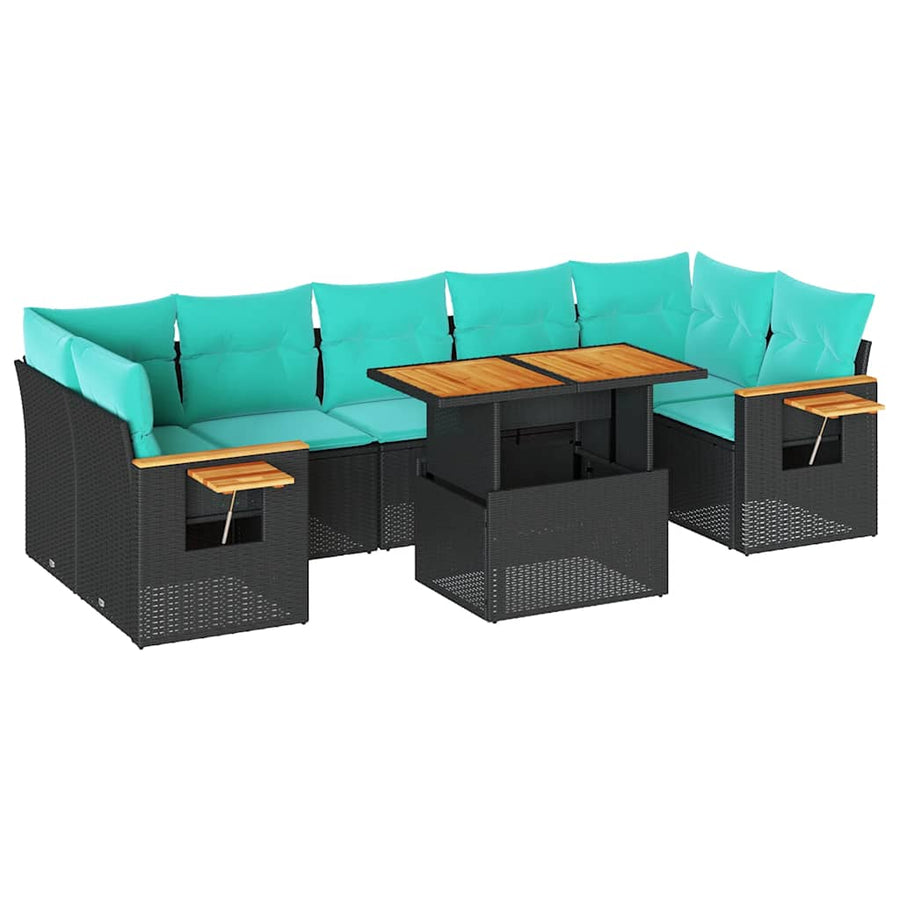 8-delige Loungeset met kussens poly rattan zwart