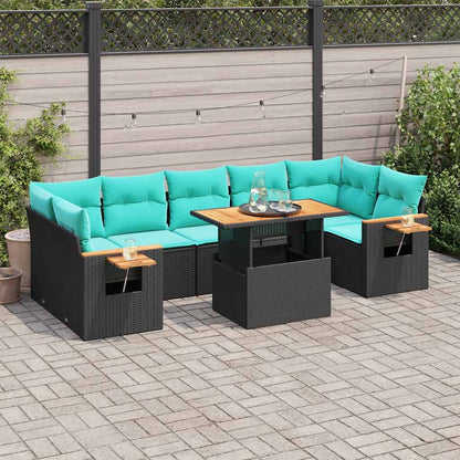 8-delige Loungeset met kussens poly rattan zwart