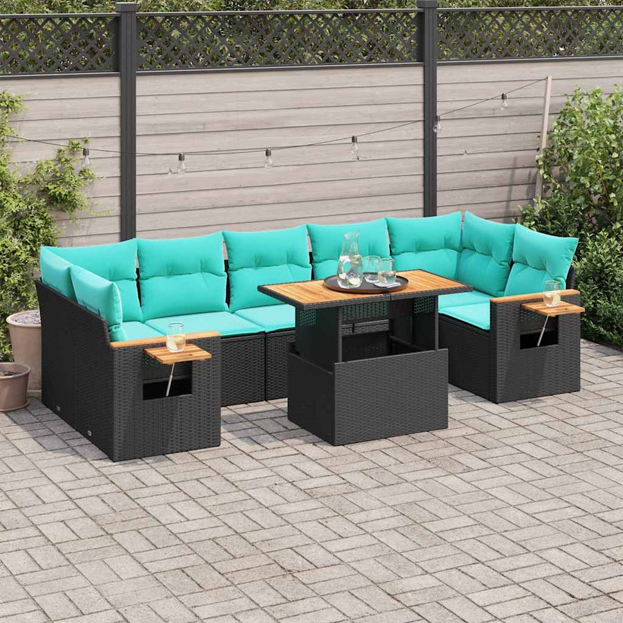 8-delige Loungeset met kussens poly rattan zwart