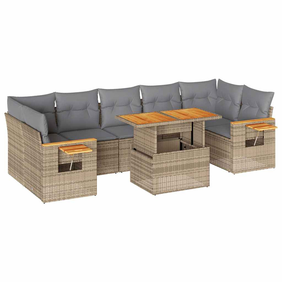 8-delige Loungeset met kussens poly rattan acacia beige