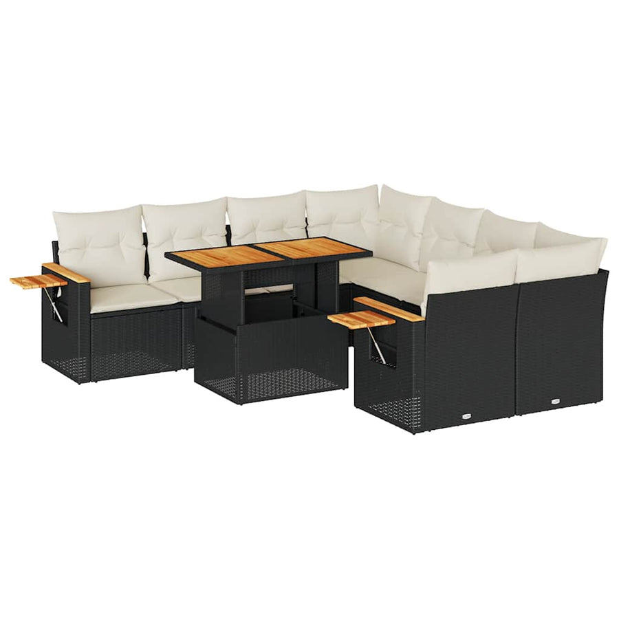 9-delige Loungeset met kussens poly rattan acacia zwart