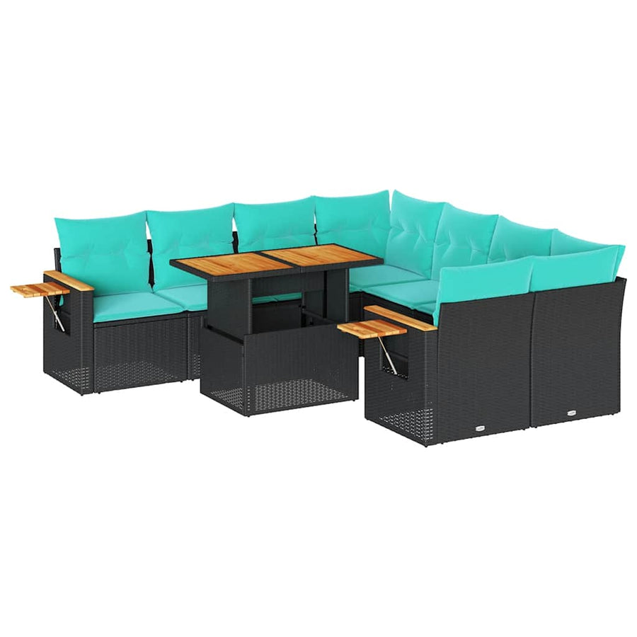 9-delige Loungeset met kussens poly rattan zwart