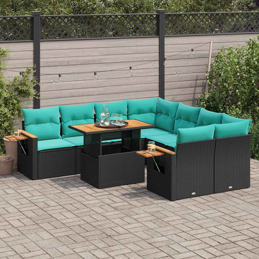 9-delige Loungeset met kussens poly rattan zwart